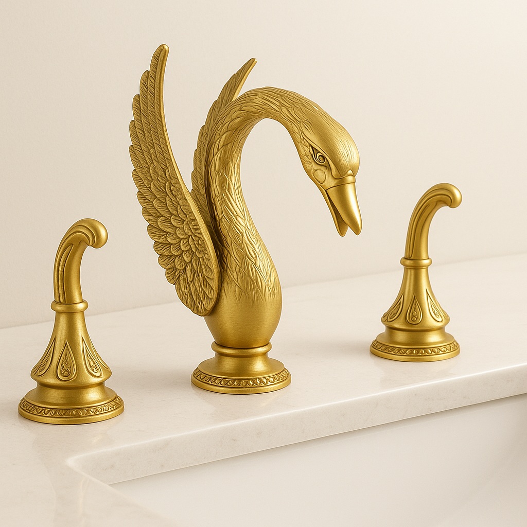Milano gold swan-shaped widespread faucet using three-hole basin layout